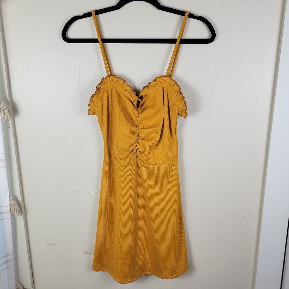 🔴Lovers + Friends Revolve Schiffer Honey Yellow Ruffle Trim Rib Knit Mini Dress - Picture 3 of 8
